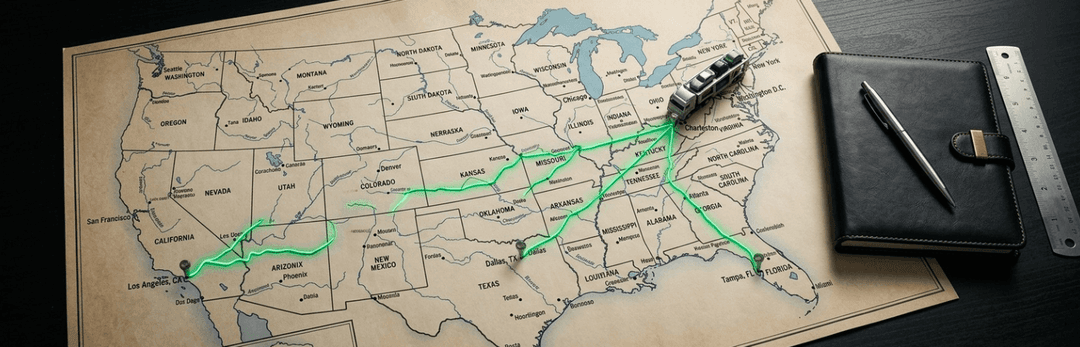 Paper US map with green routes from West Virginia to Florida, Texas and California