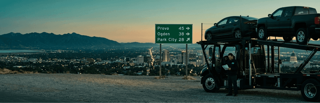 Car carrier parked above a city valley at dusk beside a sign listing Provo, Ogden and Park City