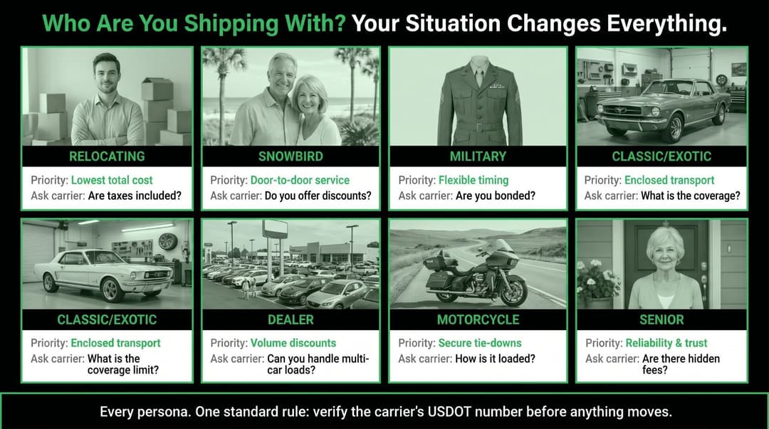 Grid of eight shipper types, from relocating and snowbird to military, dealer, motorcycle and senior