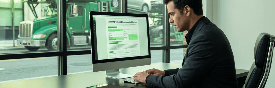 Man at a desktop computer reviewing a car shipping company profile with car carriers visible outside