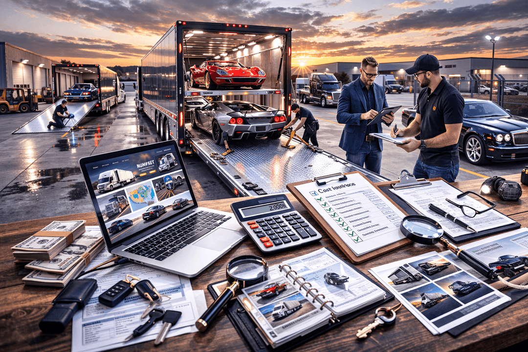 Two men reviewing paperwork at a table with a laptop, calculator and contracts beside enclosed car trailers