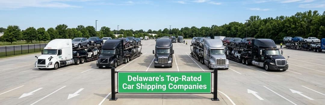 Row of car carrier trucks in a lot behind a sign reading Delaware's Top-Rated Car Shipping Companies