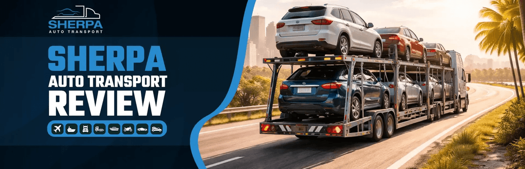 Sherpa Auto Transport review banner with a loaded multi-car carrier hauling SUVs on a palm-lined highway