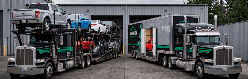 Open car carrier with pickups and SUVs parked next to an enclosed car hauler outside a warehouse