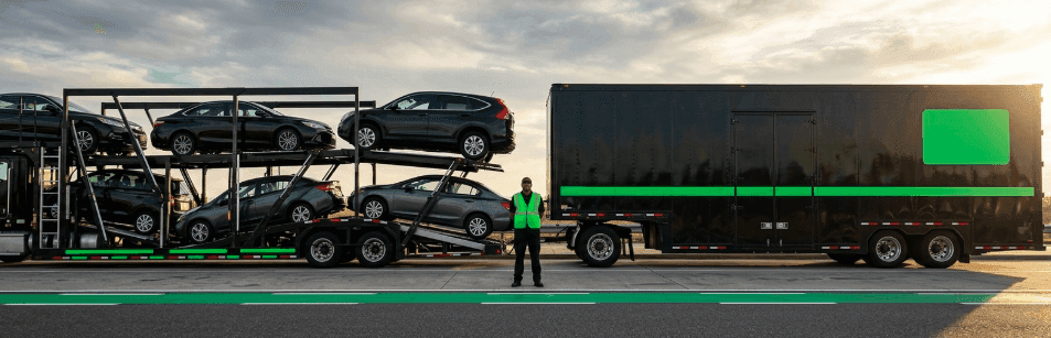 Loaded open multi-car carrier parked next to a black enclosed trailer, with a worker standing between them