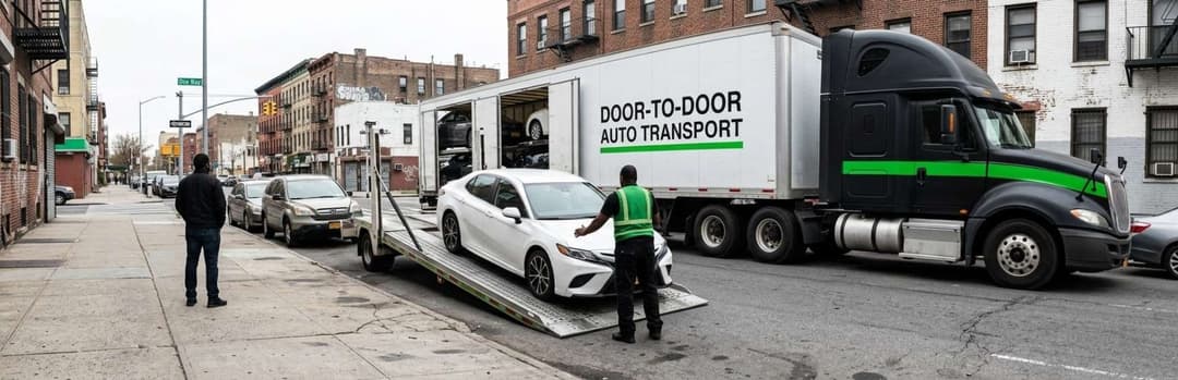 Door-to-door auto transport truck unloading a white car on a narrow New York street, a driver in a green vest