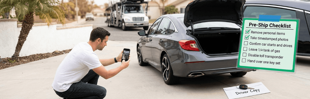 Man photographing his grey sedan with the trunk open beside a pre-ship checklist before it leaves California