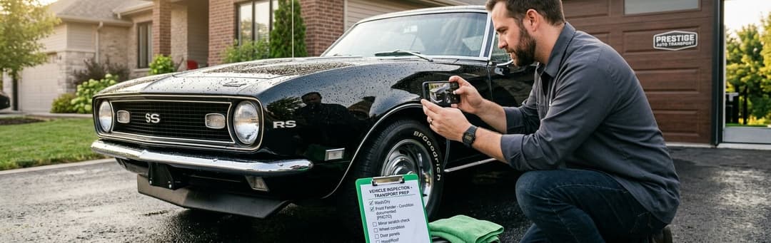 Owner photographing the front of a black classic Camaro in his driveway with a prep checklist beside it