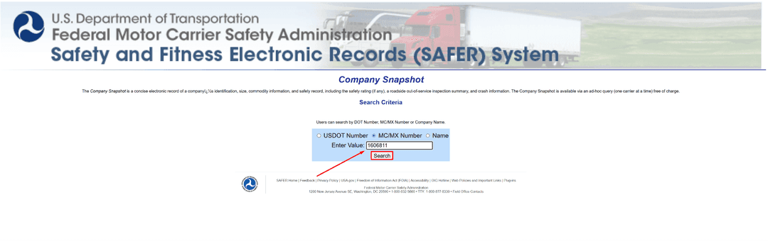 FMCSA SAFER company snapshot search page with an arrow pointing to the search submit button