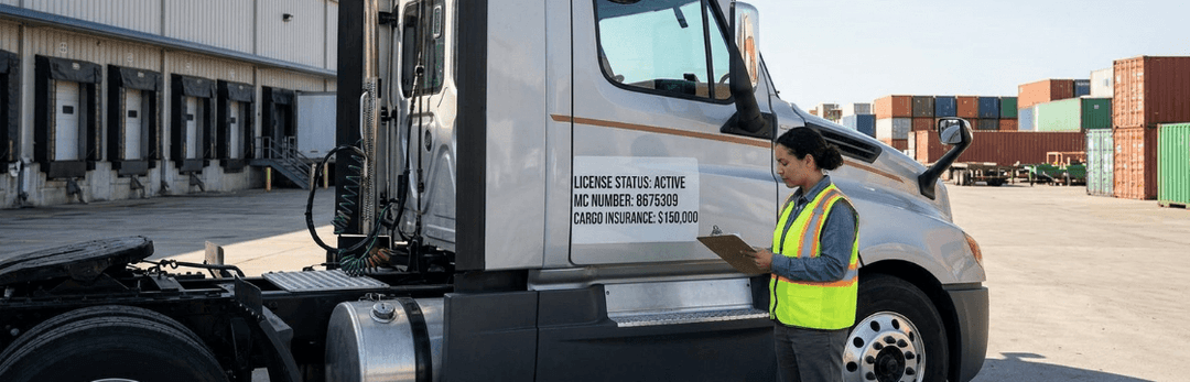 Worker in a safety vest checking a truck door showing license status, MC number and cargo insurance details