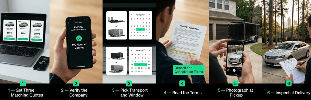 Six booking steps: get three quotes, verify the company, pick transport, read terms, photograph, inspect