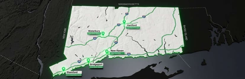 Map of Connecticut with green pins marking Hartford, New Haven, Stamford, Bridgeport and Waterbury