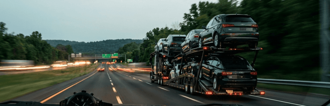 Loaded open car carrier driving down a tree-lined Pennsylvania interstate with light trails at dusk