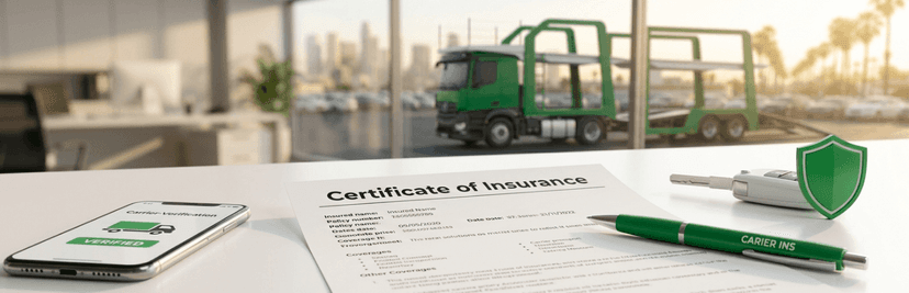 Certificate of insurance with a green pen and shield beside a phone, with a car carrier in the background