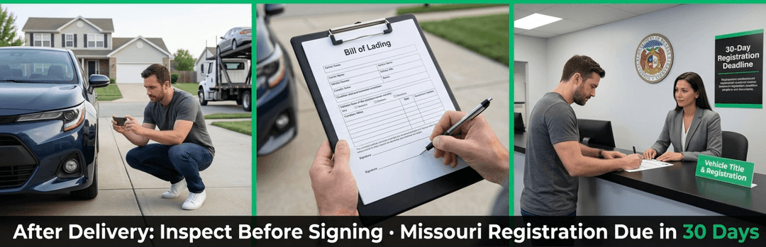 Owner inspecting a delivered car, signing a bill of lading and registering at an office within 30 days