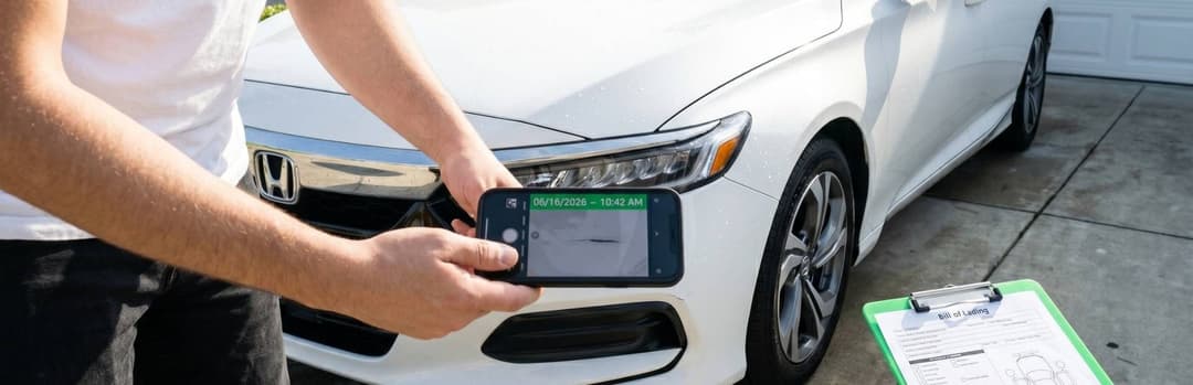 Owner photographing the front bumper of a white sedan with a phone before pickup, clipboard on the hood