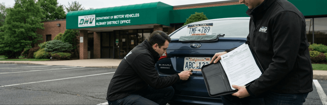 Two men checking a car's plate and paperwork outside a New York DMV office