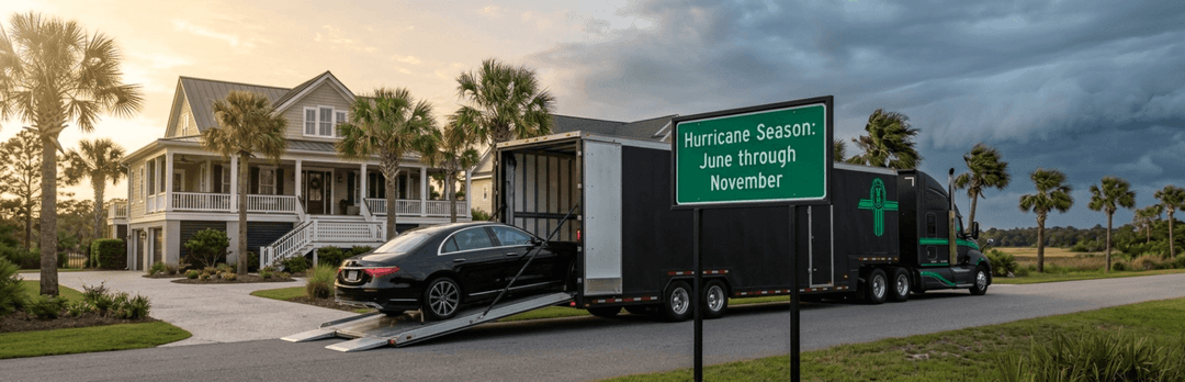 Enclosed trailer at a coastal house under a sign reading Hurricane Season June through November