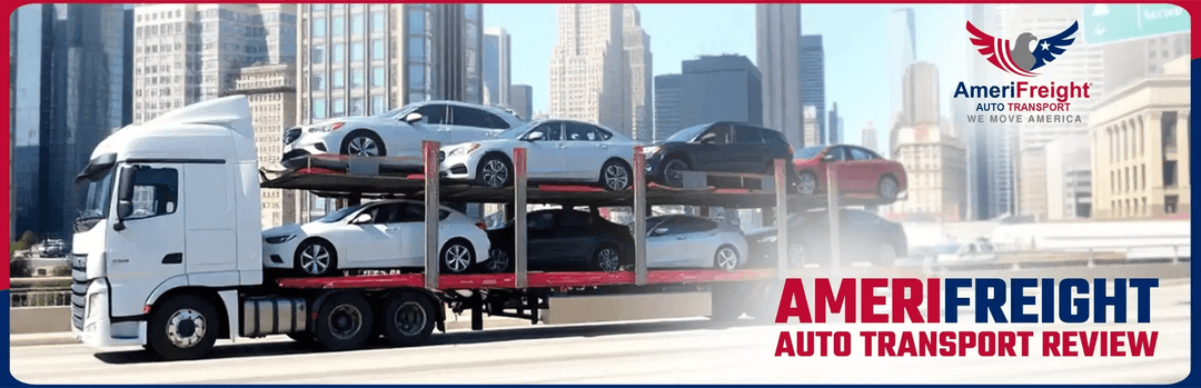 AmeriFreight Auto Transport Review banner showing a white car carrier with cars in front of a city skyline