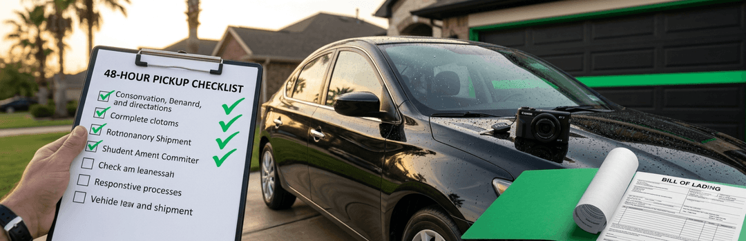 Hand holding a 48-hour pickup checklist with green ticks next to a black car and bill of lading before pickup