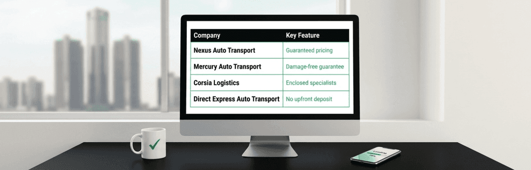 Monitor showing a table of Detroit car shipping companies and their key features on a white desk