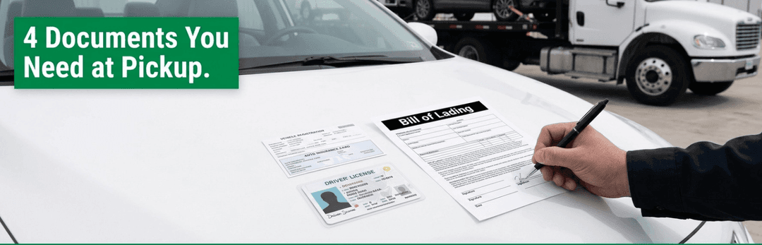 Hand signing a bill of lading on a car hood next to an ID, under a 4 documents you need at pickup label
