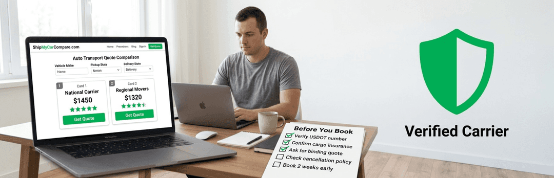 Man at a laptop comparing auto transport quotes beside a before-you-book checklist and a verified carrier badge