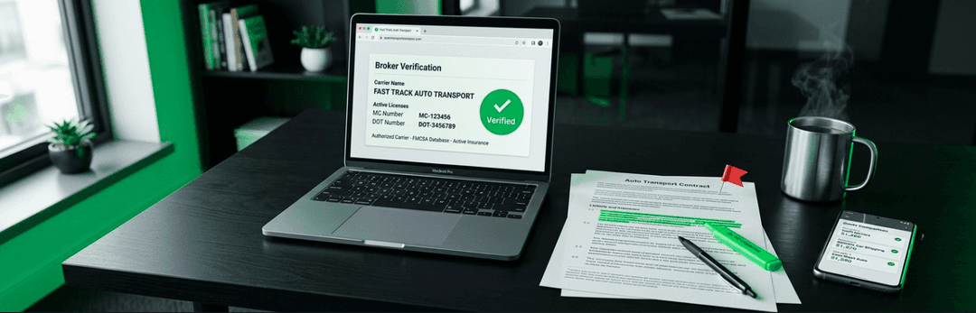 Laptop showing a broker verification check, with a printed contract and notes on a desk