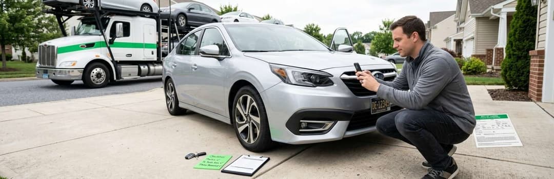 Man inspecting the front bumper of a silver sedan in a driveway before a car carrier picks it up