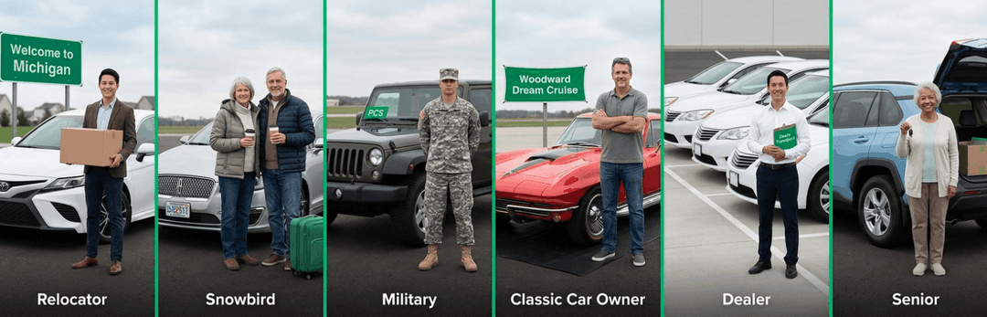 Six panels of Michigan shippers: relocator, snowbird, military, classic car owner, dealer and senior