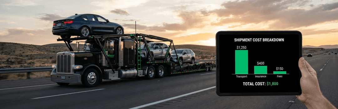 Hand holding a tablet with a shipment cost breakdown bar chart next to a loaded car carrier on a highway