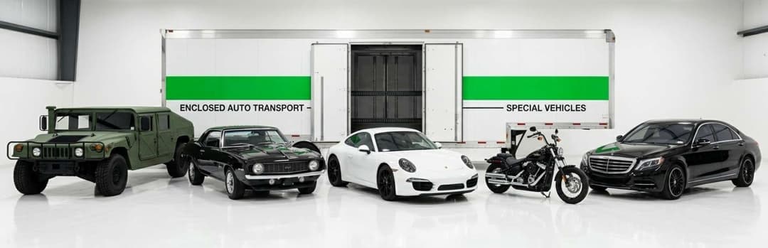 Special vehicles in an enclosed transport bay: a Humvee, classic car, white Porsche, motorcycle and black sedan