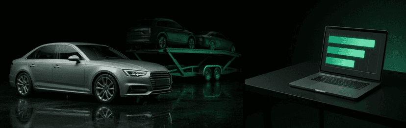 Silver Audi sedan beside a laptop showing a bar chart of Wisconsin car shipping costs on a dark green backdrop