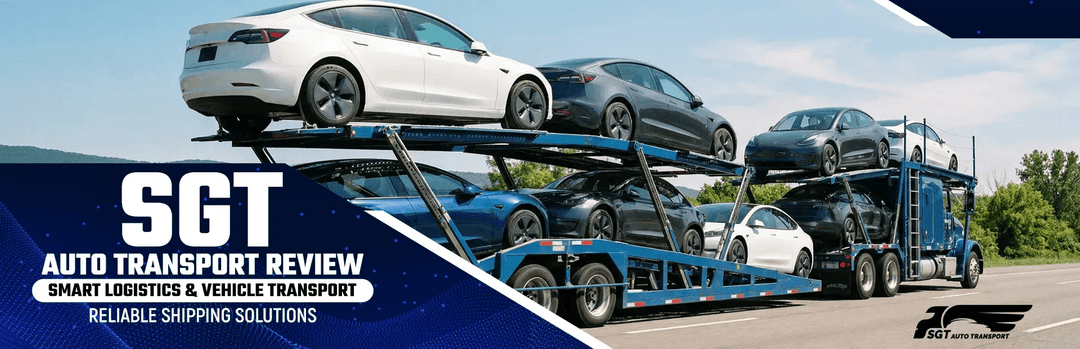 SGT Auto Transport Review banner with a car carrier hauling white and gray sedans on a highway