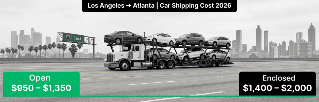 Car carrier before a city skyline with LA to Atlanta 2026 prices: open $950 to $1,350, enclosed $1,400 to $2,000