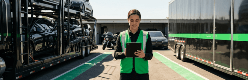 Transport agent in a green vest holding a tablet between an open car carrier and an enclosed trailer