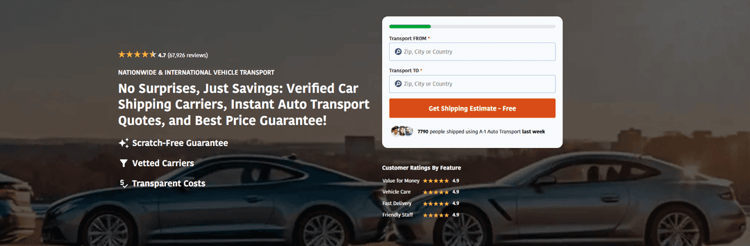 Screenshot of the A1 Auto Transport homepage with verified carrier claims and a shipping estimate form