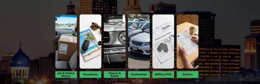 Six phone screens over a city skyline showing shipper types such as snowbirds, students, dealers and military PCS