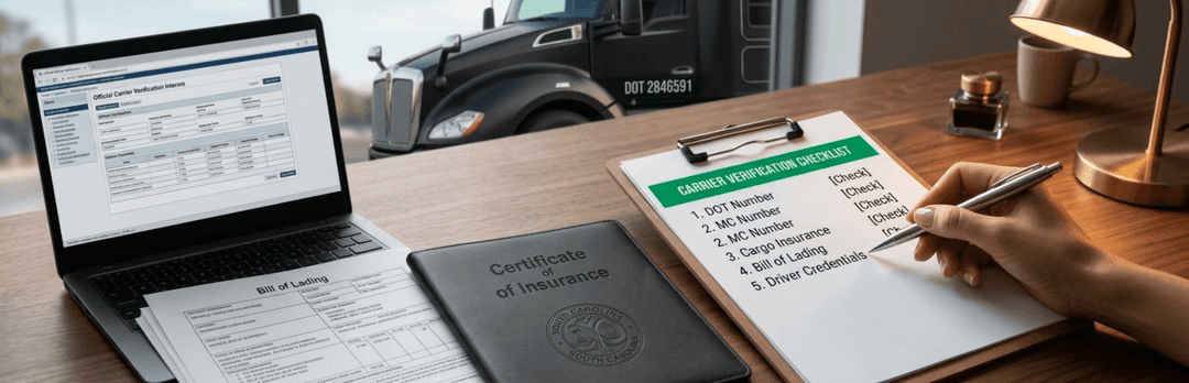 Laptop with an FMCSA record next to a carrier verification checklist on a clipboard and a passport