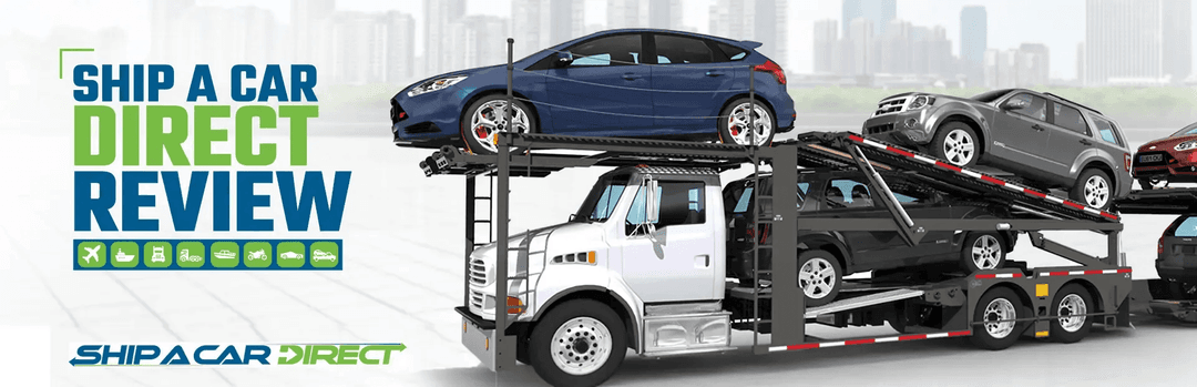 Ship A Car Direct Review banner featuring a white car carrier truck loaded with several cars