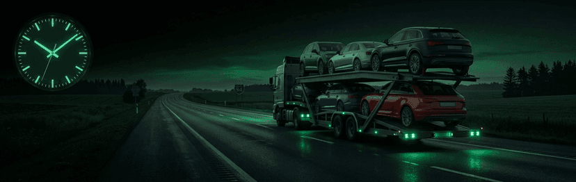 Loaded car carrier driving a dark highway at night beside a glowing clock face for Wisconsin transit time