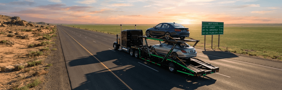 Car carrier hauling sedans on a desert highway at sunset beside a green interstate sign