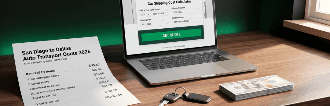 San Diego to Dallas auto transport quote 2026 printout beside a laptop running a car shipping cost calculator