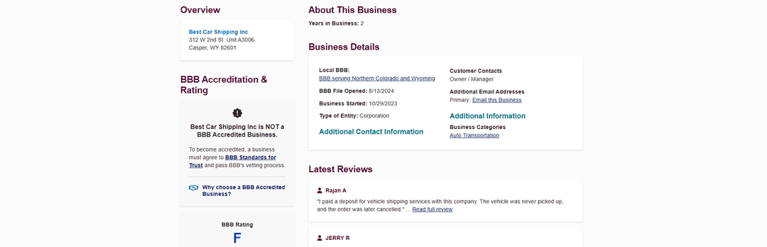 Best Car Shipping Inc BBB Rating: F, and the Reasons Behind It