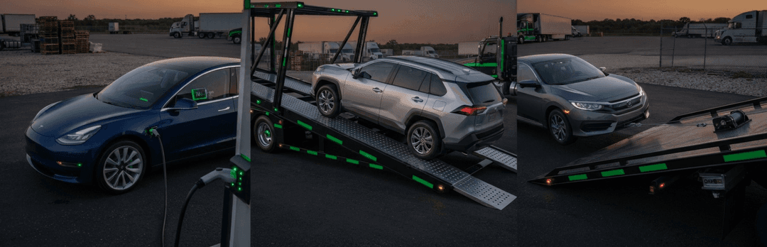 Electric car at a charger, an SUV on a carrier ramp and a sedan, showing EV, SUV and non-running loads