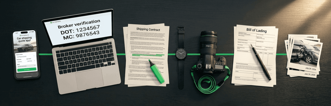 Booking flat lay: laptop showing broker DOT and MC numbers, shipping contract, bill of lading and a camera
