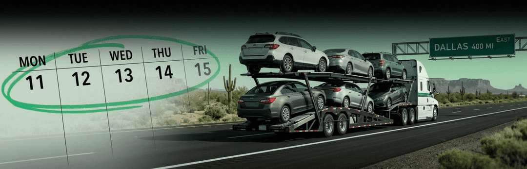 Calendar circling Monday 11 to Friday 15 above a loaded car carrier on a desert highway toward Dallas
