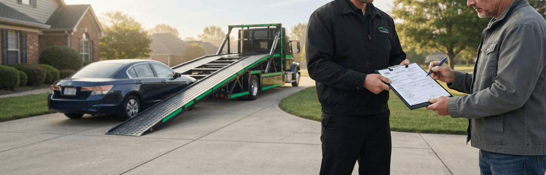 Driver and customer reviewing a bill of lading on a clipboard beside a sedan on a flatbed in a driveway
