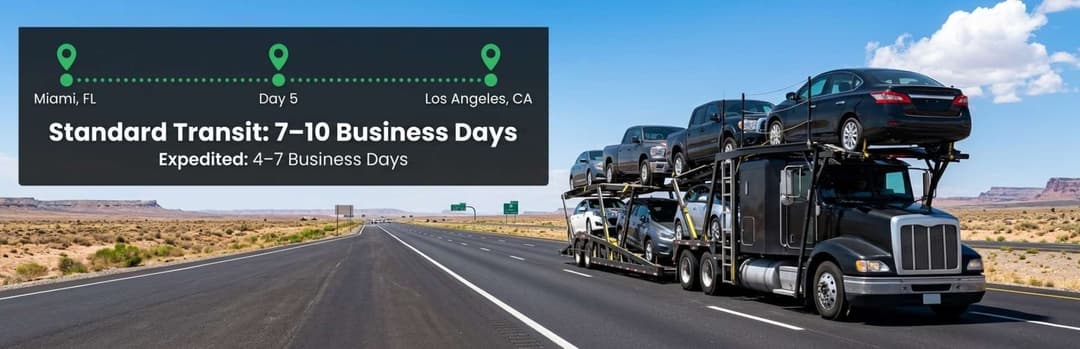 Car carrier on a desert highway under a Miami to Los Angeles route: standard transit 7 to 10 business days