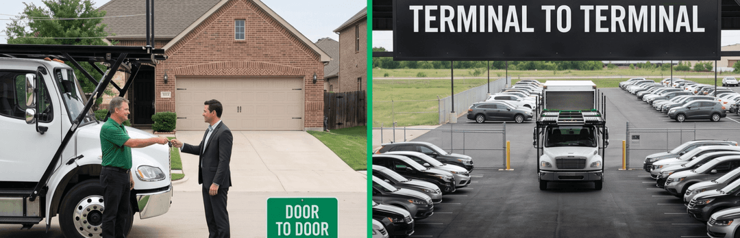 Split view: a driver hands keys to a homeowner for door to door, versus a carrier at a terminal lot full of cars